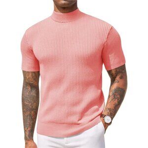 Men's Mock Turtleneck Sweater Short Sleeve Pink